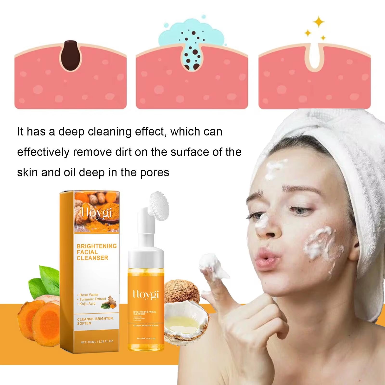 Turmeric Cleanser anti Acne Oil Control Blackhead Remover Skin Cleansing Brightening Rejuvenation Face Wash Foam Face Cleanser